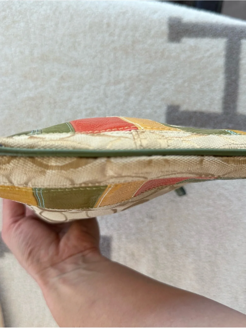 Coach Beige Signature Crossbody with Green, Yellow and Red Leather Stripes Y2K